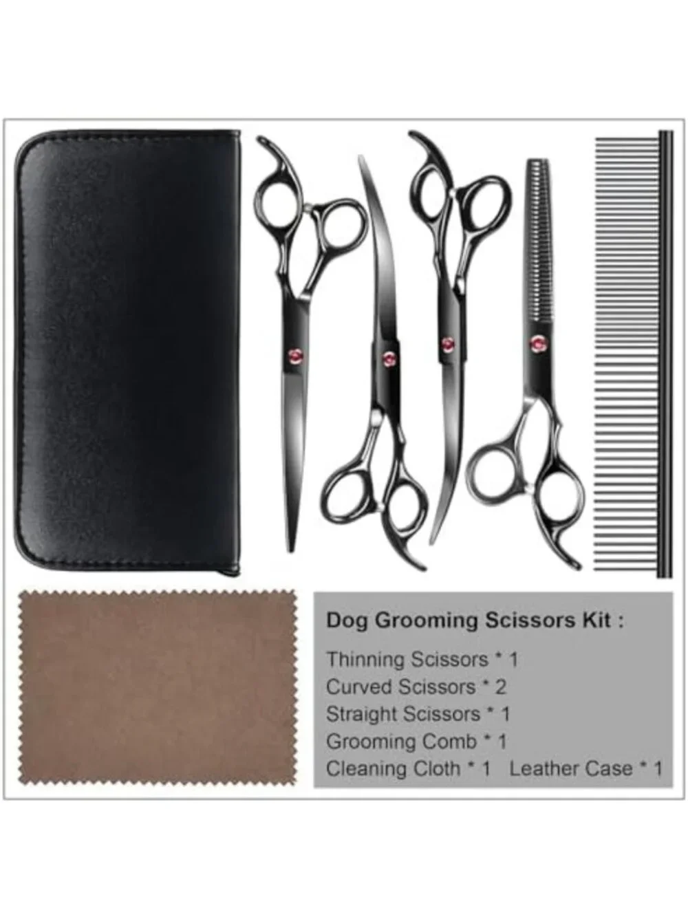 5-Piece Dog Grooming Kit - Sharp Stainless Steel Scissors & Curved Shears for